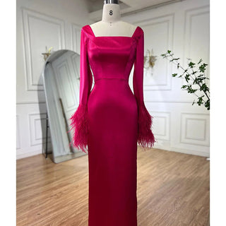 Fuchsia Elegant Arabic Mermaid Evening Dress 2024: Sexy Feathers, Ideal for Women's Wedding Party