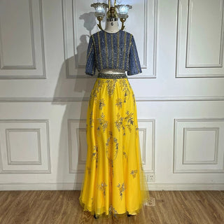 Ships in 1 to 3 Days - Luxury Dubai Blue Yellow 2-Piece Evening Dress - Elegant Long Formal Prom Gown for Women's Wedding Party