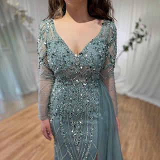 Ships in 1 to 3 Days - Turquoise High Split Mermaid Long Sleeves Evening Dress with Beading for Women Wedding Party