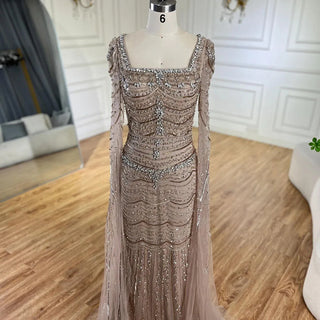 Ships in 1 to 3 Days: Arabic Caramel Mermaid Long Evening Dress with Beaded Cape Sleeves Gown for Women's Wedding Party 2024