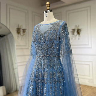 Ships in 1 to 3 Days - 2024 Muslim A-Line Blue Beaded Luxury Evening Gowns with Cape Sleeves for Women's Party Dubai