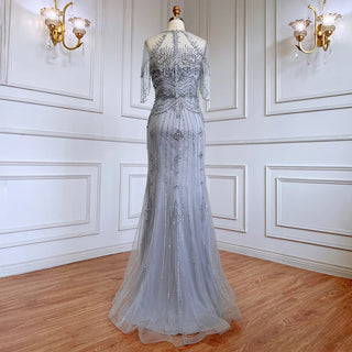 Elegant Grey Mermaid Floor-Length Evening Dress - Beaded Tassel Dubai Luxury Gown for Women's Party 2024