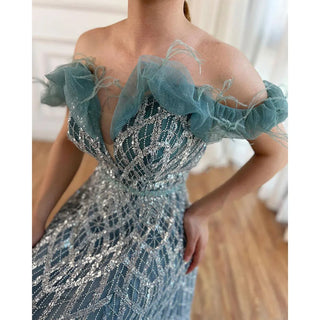 Turquoise A-Line Luxury Evening Dress - Feather Beaded Sweetheart Gown for Women Party 2024