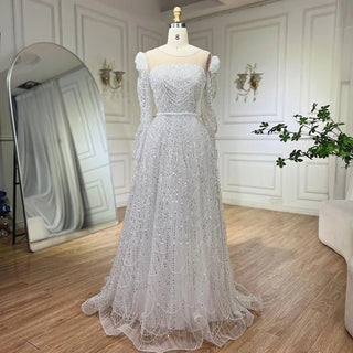 Dubai White A-Line Luxury Evening Dress with Pearls and Beaded Long Sleeves - Women's Wedding Party Gown 2024