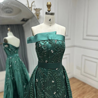 Green Arabic One-Shoulder Satin Evening Gown with Beaded Overskirt and High Split for Formal Occasion