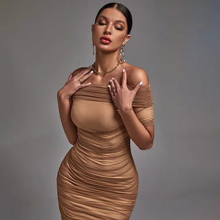 Elegant Off-The-Shoulder Light Brown Mesh Bandage Dress - Casual Summer Dress for Women