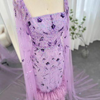 Dubai Luxury Lilac Evening Dress with Feathers and Cape Sleeves: Ankle Length Midi Elegance for Arabic Women's Wedding Party Gowns