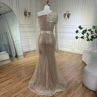 rabia Caramel Mermaid One Shoulder Luxury Beaded Evening Dresses Gowns: 2024 For Women Wedding Party