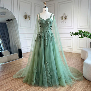 2024 Arabic Sage Green Spaghetti Strap Lace-Up Bow A-Line Appliques Prom Dress for Women Wedding Party