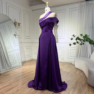 Arabic Purple Mermaid Satin Evening Dress with Overskirt - Lace Beaded, Elegant Gown for Women's Party 2024