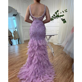 Ships in 1 to 3 Days - Pink Mermaid Evening Dress 2024 with Sexy High Split, V-Neck, Feather Beaded Luxury - Ideal for Women's Wedding Party