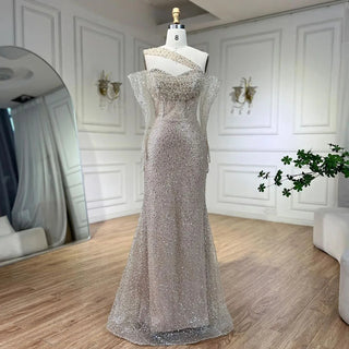 Ships in 1 to 3 Days - 2024 Arab Nude One Shoulder Mermaid Evening Dress: Elegant Luxury Gown with Beading for Women's Party