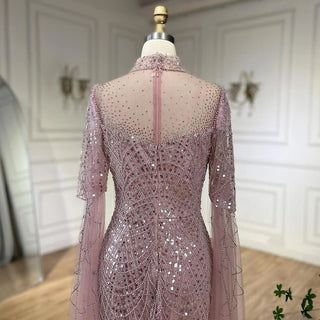 Dubai Pink Cape Sleeves Mermaid Beaded Luxury Long Arabic Evening Dress - Gown for Women's Wedding Party