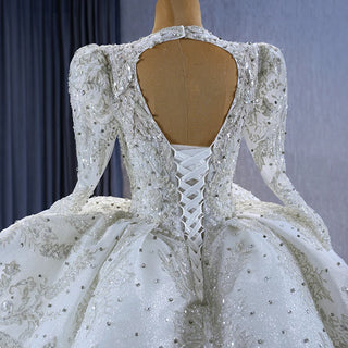 Luxury High Neck Long Sleeve Bridal Puffy Wedding Gown