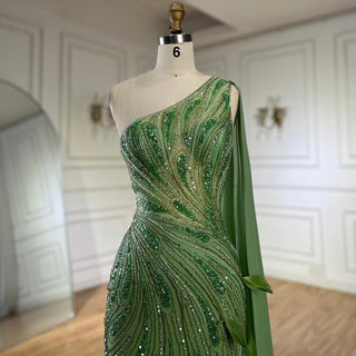 2024 Arabic Green One Shoulder Beaded Feathers Luxury Evening Gown with Side Cape Shawl for Women's Party