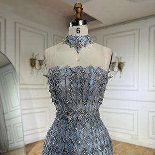 2024 Arabic A-Line Strapless Blue Evening Gown with Luxury Beaded Detailing for Formal Saudi Occasions