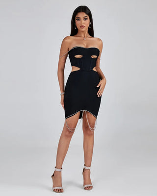 Fashion Bandage Dress - Sparkly Diamond Chain Strapless Open Back Cutout Mini Club Dress