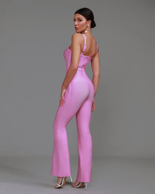 Ships in 1 to 3 Days -Sleek Satin V-Neck Jumpsuit with Wide-Leg Design