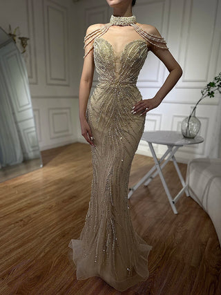 2024 Arabic Nude Halter Neck Mermaid Pearls Beaded Luxury Dubai Evening Gown for Women's Party