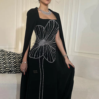 Ships in 1 to 3 Days - Arabic Black Mermaid Elegant Cape Sleeves Beaded Satin Luxury Dubai Evening Dresses Gowns For Women Party