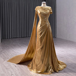 Luxury Golden Slim Ruched Mermaid Evening Party Dresses For Women