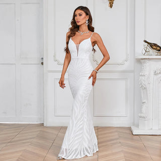 Sexy White Sequin Strap Party Maxi Dress - Long Evening Dress for Women