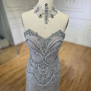 Arabic Silver Strapless Mermaid Evening Gown - Luxury Beaded Pearls and Crystal Embellishments for Women's Party 2024