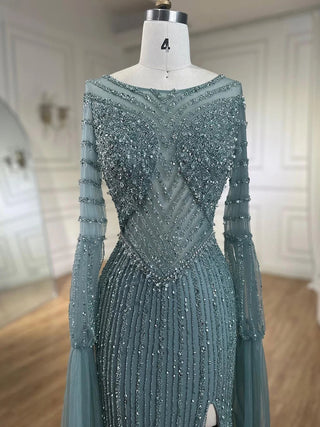 Arabic Turquoise Mermaid Elegant Evening Dress Gown 2024: Beaded Cape Sleeves, Luxury for Women Wedding Party