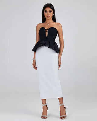 Fall 2023 Women’s Colorblock Strapless Black and White Off-Shoulder Sexy Evening Dress - Party and Club Wear