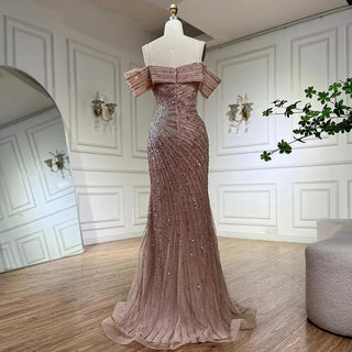 Ships in 1 to 3 Days - 2024 Off-The-Shoulder Pink Mermaid Beaded Luxury Evening Gown with Side Split for Formal Saudi Occasions