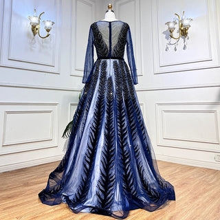 Navy Blue Muslim Velvet Evening Dress - 2024 Beaded Luxury A-Line Gowns for Women's Party