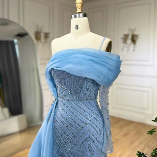 Ships in 1 to 3 Days - Blue Mermaid Elegant One-Shoulder Evening Dress with Luxury Pearls Beading - Women's Wedding Party Gown (2024)