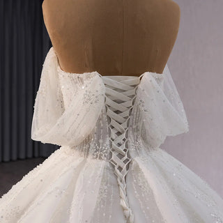 Luxury Boat Neck Ball Gown Wedding Dress with Pearls and Beading