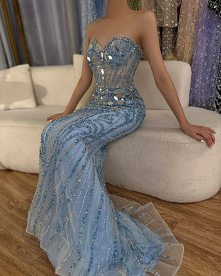 Arabic Blue Elegant Strapless Mermaid Beaded Luxury Dubai Evening Dresses Gowns 2024 for Women's Party