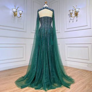 Ships in 1 to 3 Days - Arabic Green Cape Sleeves A-Line Beaded Evening Dress - Long Celebrity Gown for Women's Wedding Party 2024