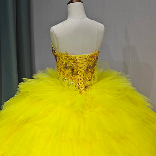 Princess Yellow Strapless Puffy Quinceañera Long Party Dress