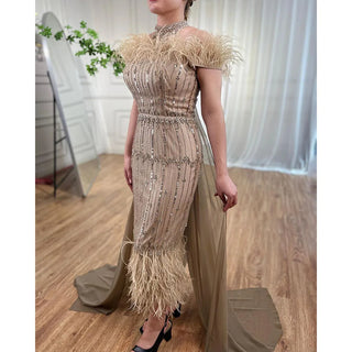 Gray Beaded Arabic Midi Ankle-Length Evening Dress with Cape Feather Gown: Elegant Attire for Women's Wedding Party 2024