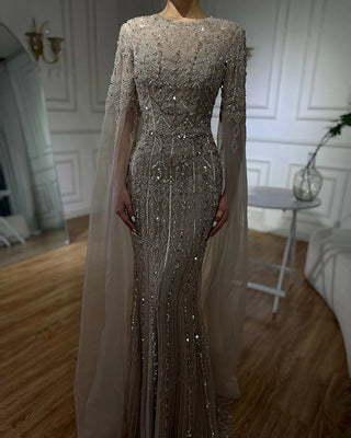 Ships in 1 to 3 Days - 2024 Saudi Arabia Caramel Mermaid Evening Gown - Elegant Cape Sleeve Luxury Beaded Dress for Formal Occasions