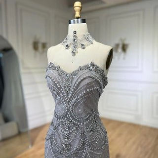 Arabic Silver Strapless Mermaid Evening Gown - Luxury Beaded Pearls and Crystal Embellishments for Women's Party 2024