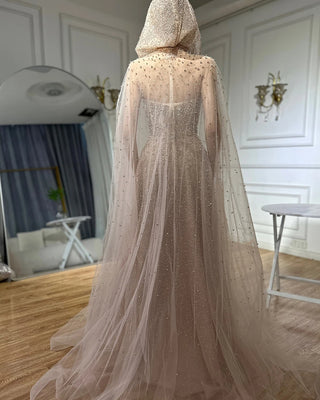 Ships in 1 to 3 Days - 2024 Rose Gold Saudi Arabic Evening Gown with Beaded Detailing and Hooded Cape for Formal Occasions