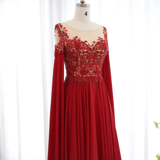 Beaded Wine Red Chiffon Evening Dress with Cape Sleeve for Women Wedding Dubai Formal Party Gowns