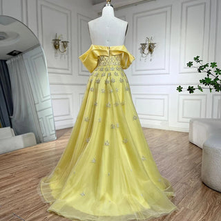 Ships in 1 to 3 Days - Luxury Dubai Arabic Yellow Evening Dress - Elegant Boat Neck Party Gown for Women's Wedding