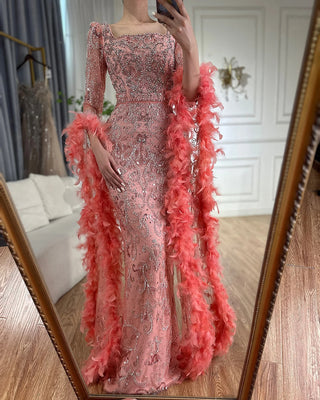 Ships in 1 to 3 Days - 2024 Luxury Peach Mermaid Evening Dress - Flared Sleeves Beaded Feather Gown for Women’s Parties