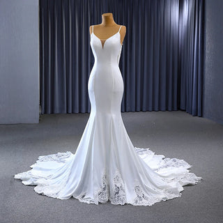 Simple White Mermaid Spaghetti Strap Chapel Train Appliqué Wedding Dress