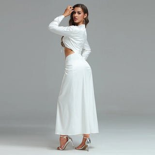 Ships in 1 to 3 Days - V-Neck White Maxi Dress with Long Sleeves - Ruched Tie Front Silk Dress for Women | Elegant Cut-Out Party & Casual Dress