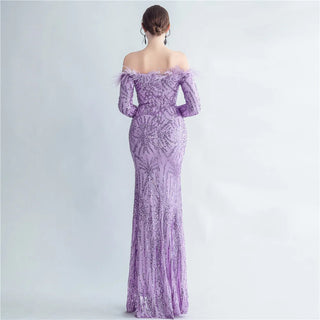 Off-Shoulder Feather Sequin Full Sleeve Evening Dress - Long Party Maxi Dress