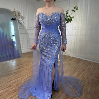 Stunning Dubai Blue Mermaid Evening Dress - Sexy High Split with Skirt Beaded Gown for Women's Wedding Party 2024