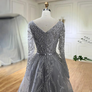 2024 Muslim Gray A-Line Evening Luxury Dubai Dress - Beaded Gown for Women's Wedding Party