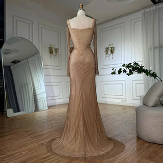 2025 Nude Elegant High-Split Beaded Mermaid Saudi Arabic Evening Gown for Formal Occasions