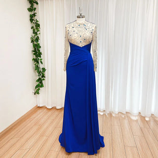 Blue Muslim Mermaid Luxury Evening Dress 2024 with Beaded Arabic Elegance - Ideal for Women's Wedding Party